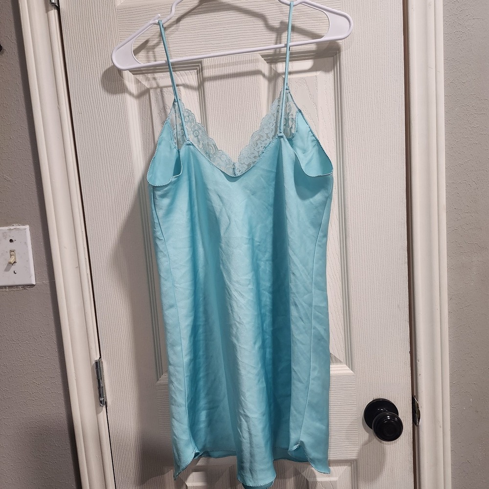 Vintage Victoria's Secret Slip Dress M Blue Satin Lace Chemise Nightgown - Picture 10 of 10